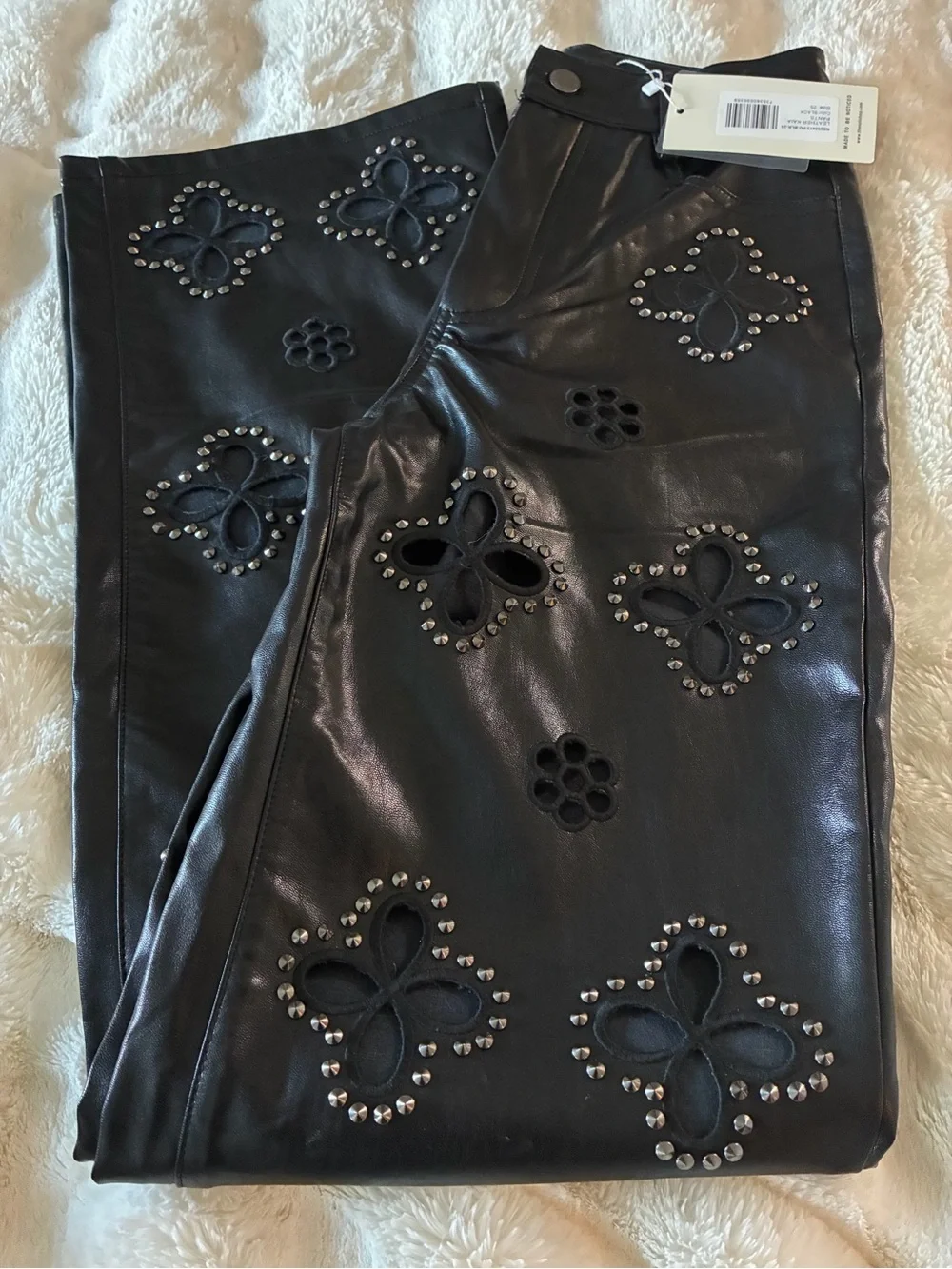 The Noli Shop Studded Cutout Leather Wide-Leg Pants - Black - Picture 3 of 5